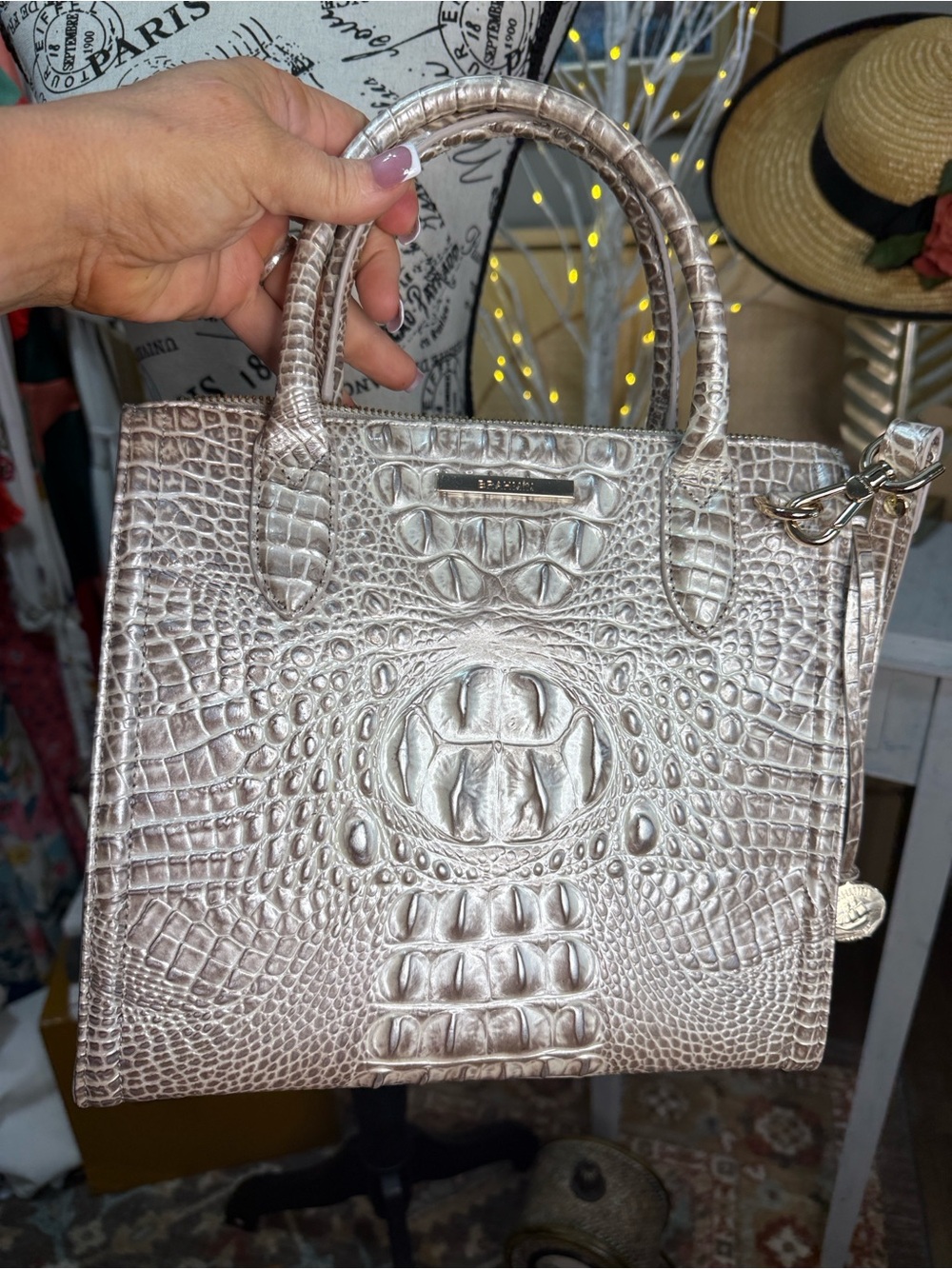 Brahmin Pearl Metallic Croc-Embossed Satchel